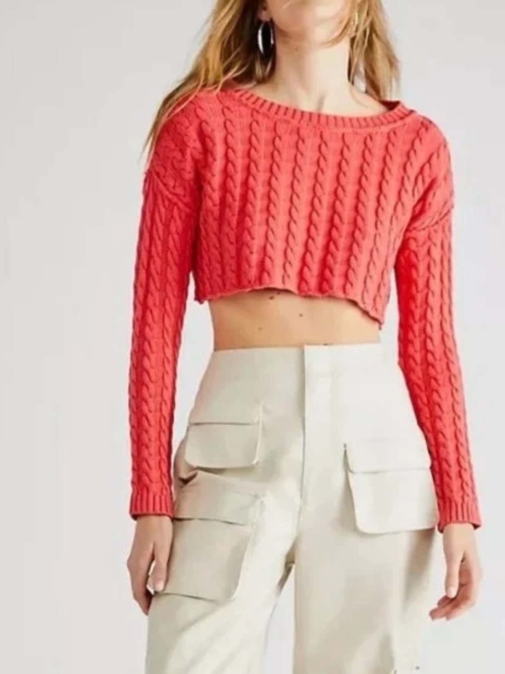 Free People Tuesday Cropped Cable Knit Sweater - Coral Pink, Cotton, Size Small